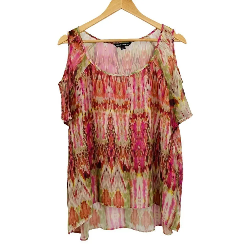 Rock & republic sheer cold shoulder orange and pink boho print high low top